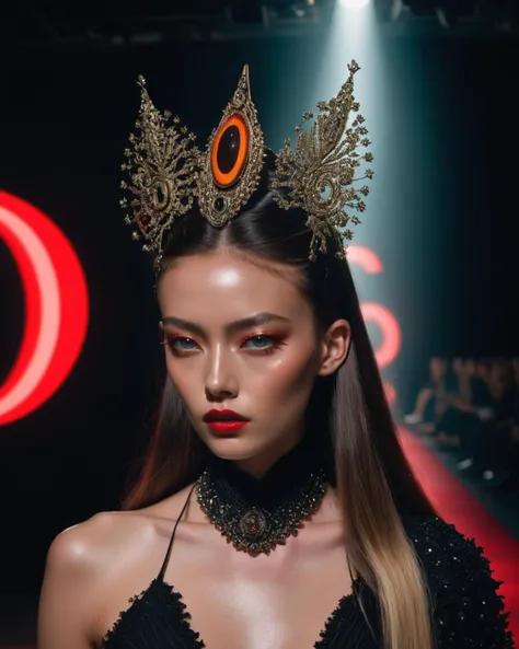 Hyperrealistic and heavy detailed weird fashion runway show, detailed face, real, atmospheric, sharp, 8k, Canon50, leica sl250, detailed skin, high textured, maximalist, atmospheric, raytracing, real life , <lora:weird_runway:1.0>
