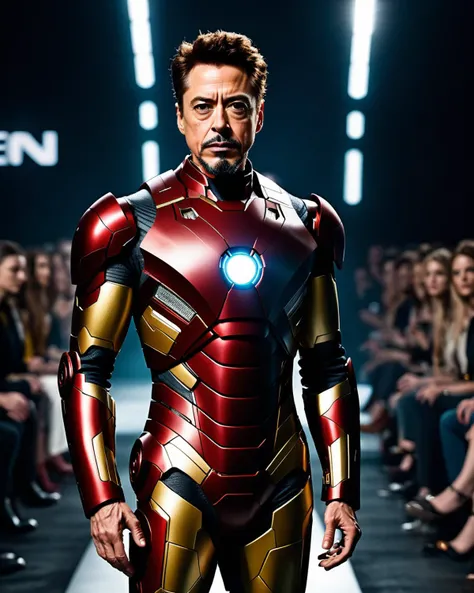 Hyperrealistic and heavy detailed fashion runway show inspired by Iron Man (Tony Stark), detailed face, real, atmospheric, sharp, 8k, Canon50, leica sl250, detailed skin, high textured, maximalist, atmospheric, raytracing, real life<lora:weird_runway:1.0>