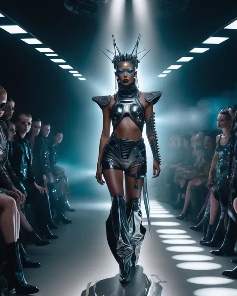 Hyperrealistic and heavy detailed weird fashion runway show, detailed face, real, atmospheric,   sharp, 8k, Canon50, leica sl250, detailed skin,    high textured, maximalist, atmospheric, raytracing, real life ,  Holographic displays , Space colonization , Neural pathway , Quantum , Blade punk aesthetics , Grungy , Galactic nebula , Space anomaly ,<lora:weird_runway:1.0>