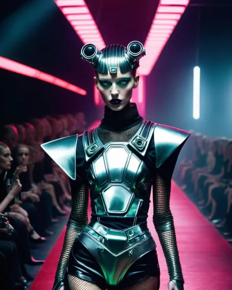 a weird fashion runway inspired by 90s cyberpunk , by Juli Grbac , by Kermit Tesoro , by Leona Edmiston , cinematic, detailed face, perfect photography<lora:weird_runway:1.0>