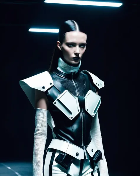a weird fashion runway inspired by 90s cyberpunk , by Lisa Thon , by Tomas Maier , by Michelle Liu , cinematic, detailed face, perfect photography<lora:weird_runway:1.0>