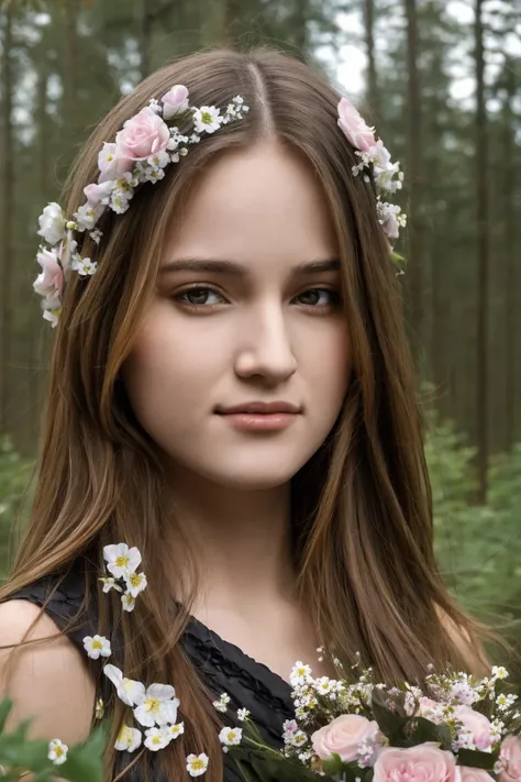 best quality, masterpiece, (photorealistic:1.4), Close up, 1 girl, upper body, Black Dress, Corset, long hair, flowers around, forest background, sweet girl, IDOL, -- Face Details:1.7 -- <lora:Muna-01:1>