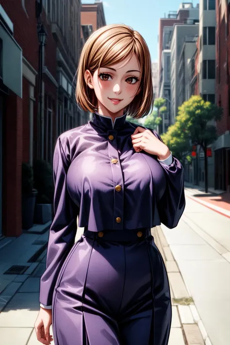 best quality, masterprice, 1girl, (solo:1.1), raytracing, ultra detailed,detailed face, 8k wallpaper, large breasts, smile, wide hips, <lora:more_details:1>,  <lora:NobaraNDV:0.7>, NobaraNDV, brown hair, brown eyes, jujuntsu uniform, standing, outdoor, street, detailed background, (ultra detailed:1.2)