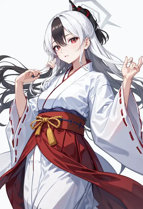 best quality, masterpiece, highres, solo, (kayoko_bluearchive:1.10), (white kimono:1.35), (red hakama:1.35), (wide sleeves:1.20), 22 <lora:kayoko_bluearchive:0.80>