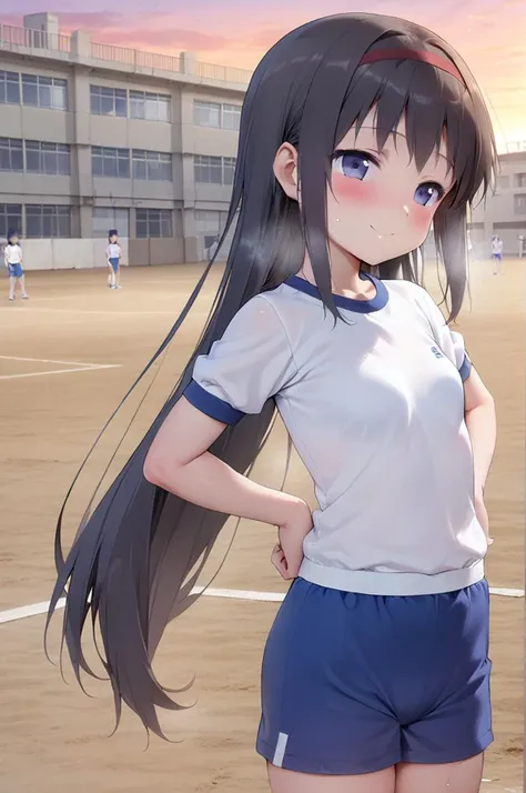 1girl,petite,very longhair,stylish pose,outdoor,sunset,koutei,blush,smile,sweat,akemi_homura,flare,building,clay field,small breasts,jyojifuku,red ribbon, blue shorts,white shirt, short sleeves, gym uniform <lora:akemi_homura:0.8> <lora:better skin typeB-v1:0.7> <lora:XDetail_light:1>,masterpiece,best quality <lora:taisoufuku_XL_V1.0:0.8> <lora:gakkou_koutei_SDXL_V1:0.7>