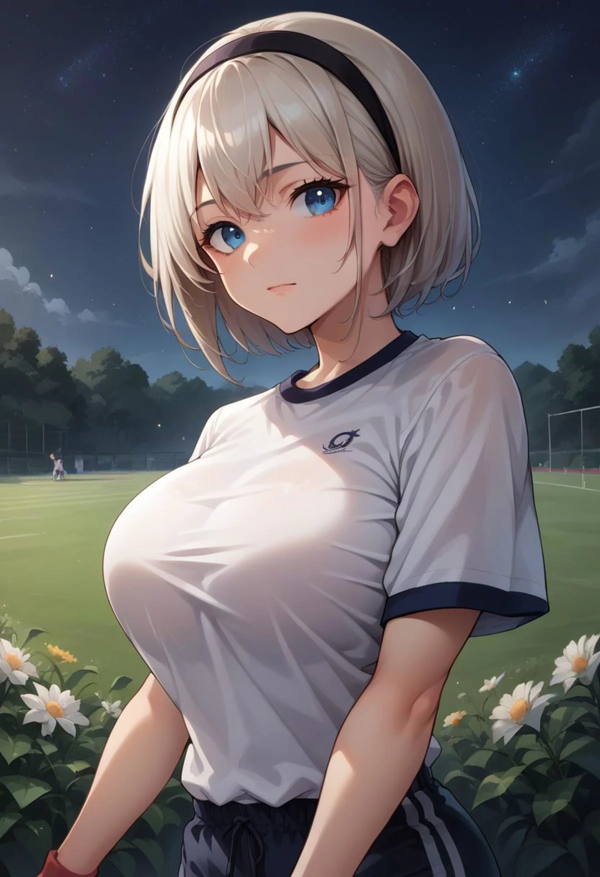 score_9, score_8_up, score_7_up, score_6_up, source_anime, solo, 2b, black_hairband, blue eyes, jyojifuku, white shirt, short sleeves, shorts, gym uniform, big breasts, upper body, night sky, field, night, looking at you, Betterthic