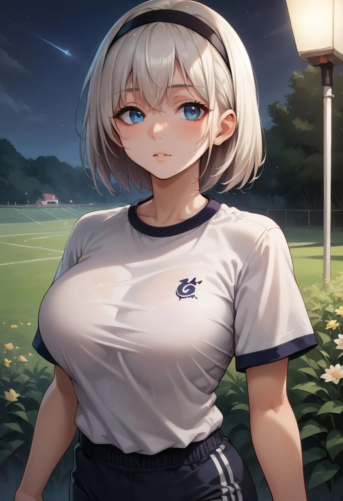 score_9, score_8_up, score_7_up, score_6_up, source_anime, solo, 2b, black_hairband, blue eyes, jyojifuku, white shirt, short sleeves, shorts, gym uniform, big breasts, upper body, night sky, field, night, looking at you, Betterthic