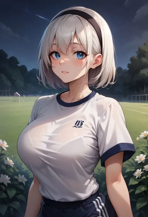 score_9, score_8_up, score_7_up, score_6_up, source_anime, solo,  2b, black_hairband, blue eyes, jyojifuku, white shirt,  short sleeves, shorts, gym uniform, big breasts, upper body, night sky, field, night, looking at you, Betterthic