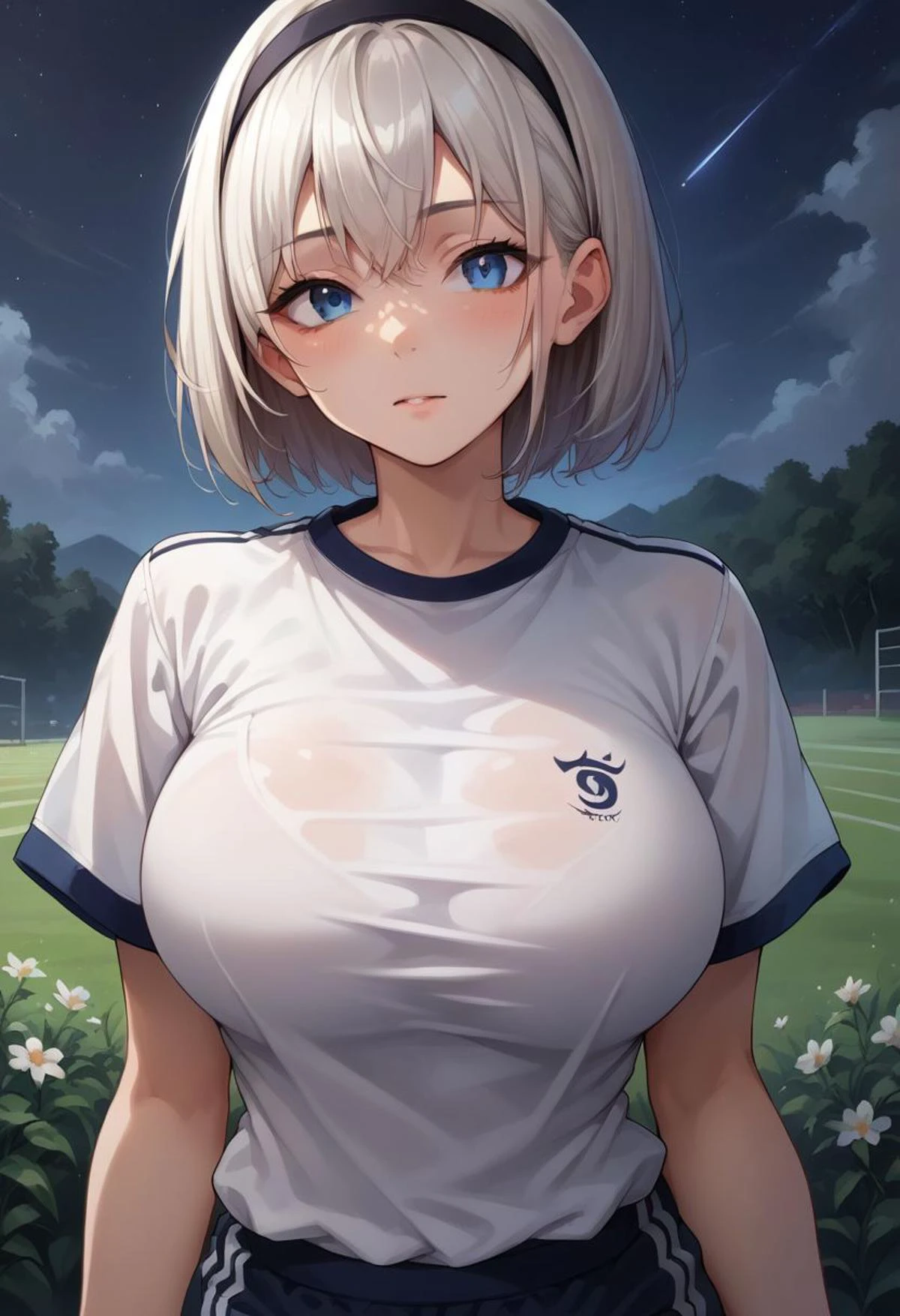 score_9, score_8_up, score_7_up, score_6_up, source_anime, solo, 2b, black_hairband, blue eyes, jyojifuku, white shirt, short sleeves, shorts, gym uniform, big breasts, upper body, night sky, field, night, looking at you, Betterthic