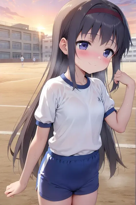 1girl,ite,very longhair,stylish pose,outdoor,sunset,koutei,blush,smile,sweat,akemi_homura,flare,building,clay field,small breasts,jyojifuku,red ribbon, blue shorts,white shirt, short sleeves, gym uniform <lora:akemi_homura:0.8> <lora:better skin typeB-v1:0.7> <lora:XDetail_light:1>,masterpiece,best quality <lora:taisoufuku_XL_V1.0:0.8> <lora:gakkou_koutei_SDXL_V1:0.7>