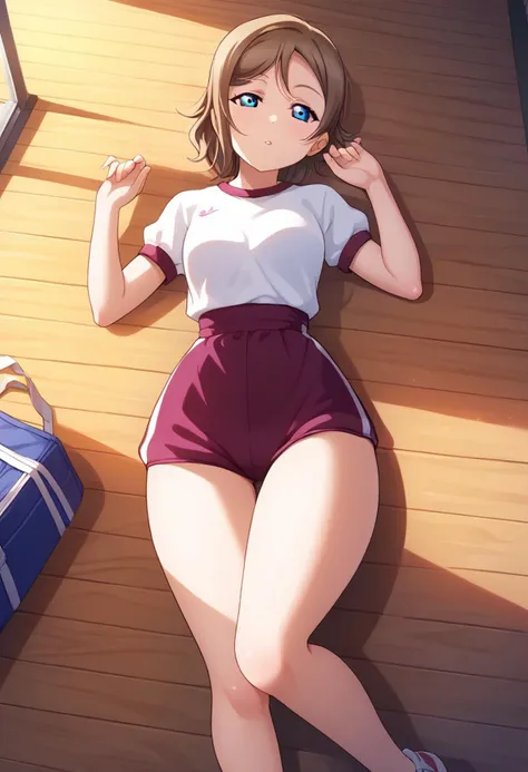 source_anime,score_9, score_8_up, score_7_up, score_6_up, love live!, overhead angle, sunset lighting, lying on back,, gym uniform, jyojifuku, white shirt,  short sleeves, shorts, gym uniform, short shorts, solo focus, long eyelashes, (solo), house, solo, solo focus, you watanabe, blue eyes, brown hair, short hair, swept bangs, (thin waist, wide hips, thick thighs),  BREAK seductive, (half-closed eyes), tomboy, looking at viewer, thick thighs,