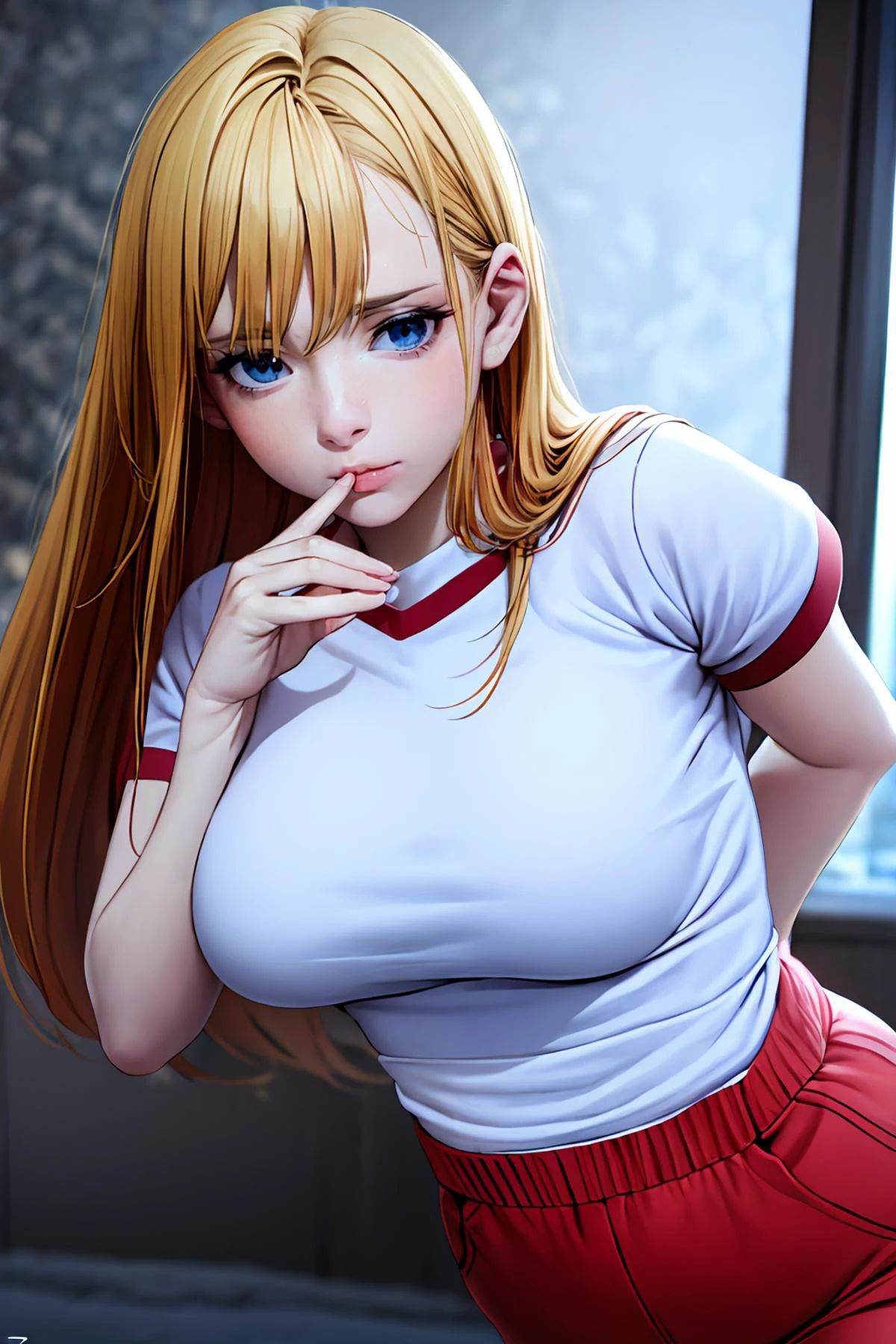 masterpiece,8k high quality detailed,highres,anime,<lora:velvia:0.6>,
illustration \(artbook\),photo \(female\),
<lora:Darkness_Konosuba_S3EP9-KK77-V1:0.7>,1 girl,20yo,Young female,blue eyes,blonde hair,bangs,Long hair,large breasts,detailed_face,(Sneer),(<lora:taisoufuku_V1.0:0.6>,jyojifuku,white shirt,short sleeves,gym uniform,blue short,red shorts),(((Blowing a kiss))),
(<lora:more_details:0.3>,realistic clothing texture,realistic_skin_texture),solo,