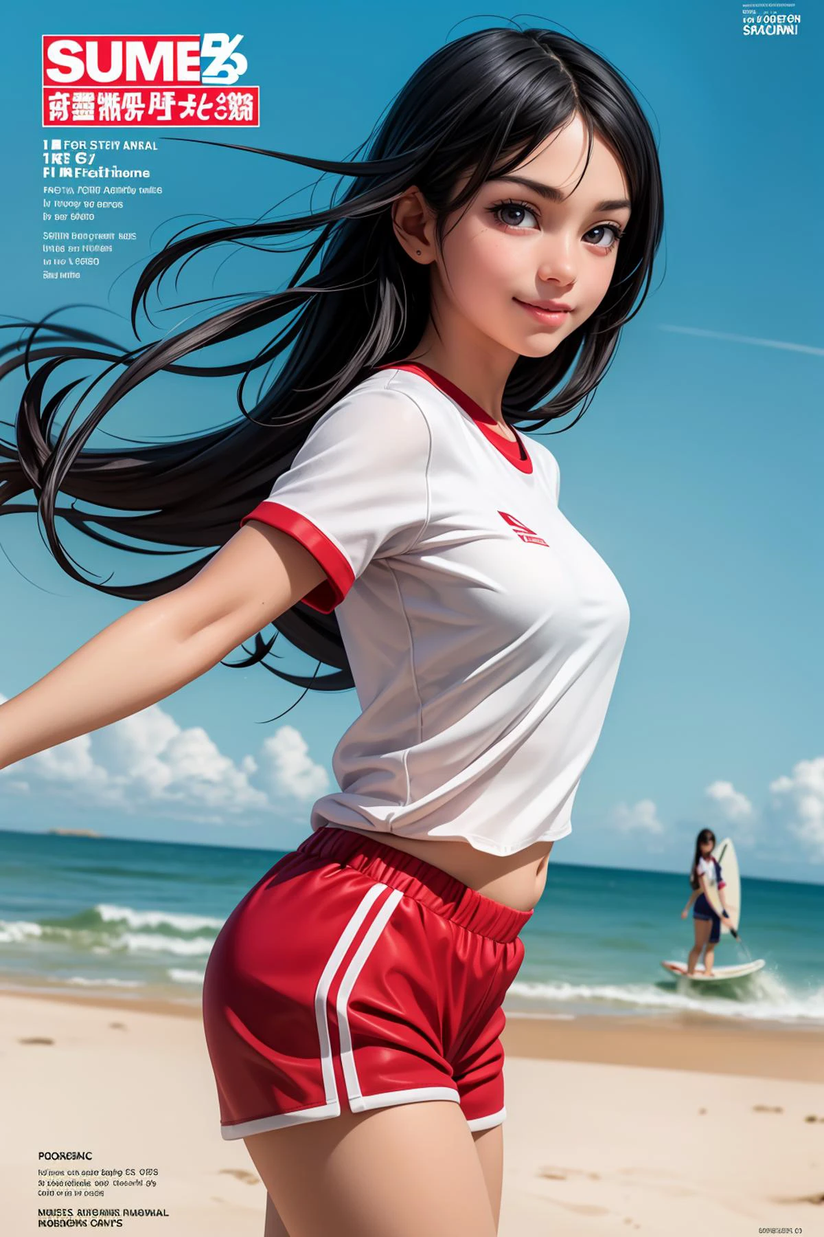8k high quality detailed,highres,anime,comic,detailed image,
(a magazine illustration of a age girl posing,teengirl,magazine_page),(magazine_illustration),
((1girl,asian female,very_long_hair,20yo,black_eyes,detailed_eyes,medium_breasts):0.9),Affectionate Smile,detailed_face,
((surfing on surfboard,waves):0.8),
(, jyojifuku,white shirt,short sleeves,gym uniform,blue short,red shorts),(,realistic clothing texture,realistic_skin_texture),<lora:taisoufuku_V1.0:0.6>,<lora:more_details:0.3>