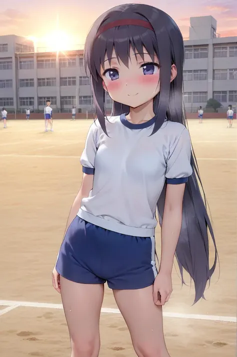 1girl,ite,very longhair,outdoor,sunset,koutei,blush,smile,sweat,akemi_homura,flare,building,clay field,small breasts,jyojifuku,red ribbon, blue shorts,white shirt, short sleeves, gym uniform <lora:akemi_homura:0.8> <lora:better skin typeB-v1:0.7> <lora:XDetail_light:1>,masterpiece,best quality <lora:taisoufuku_XL_V1.0:0.8> <lora:gakkou_koutei_SDXL_V1:0.7>