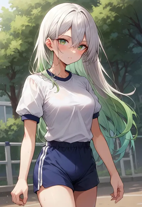 score_9, score_8_up, solo, 1girl, standing, gradient hair, white hair to green hair, hair between eyes, green eyes, long hair, medium breasts, jyojifuku, white shirt,  short sleeves, shorts, gym uniform