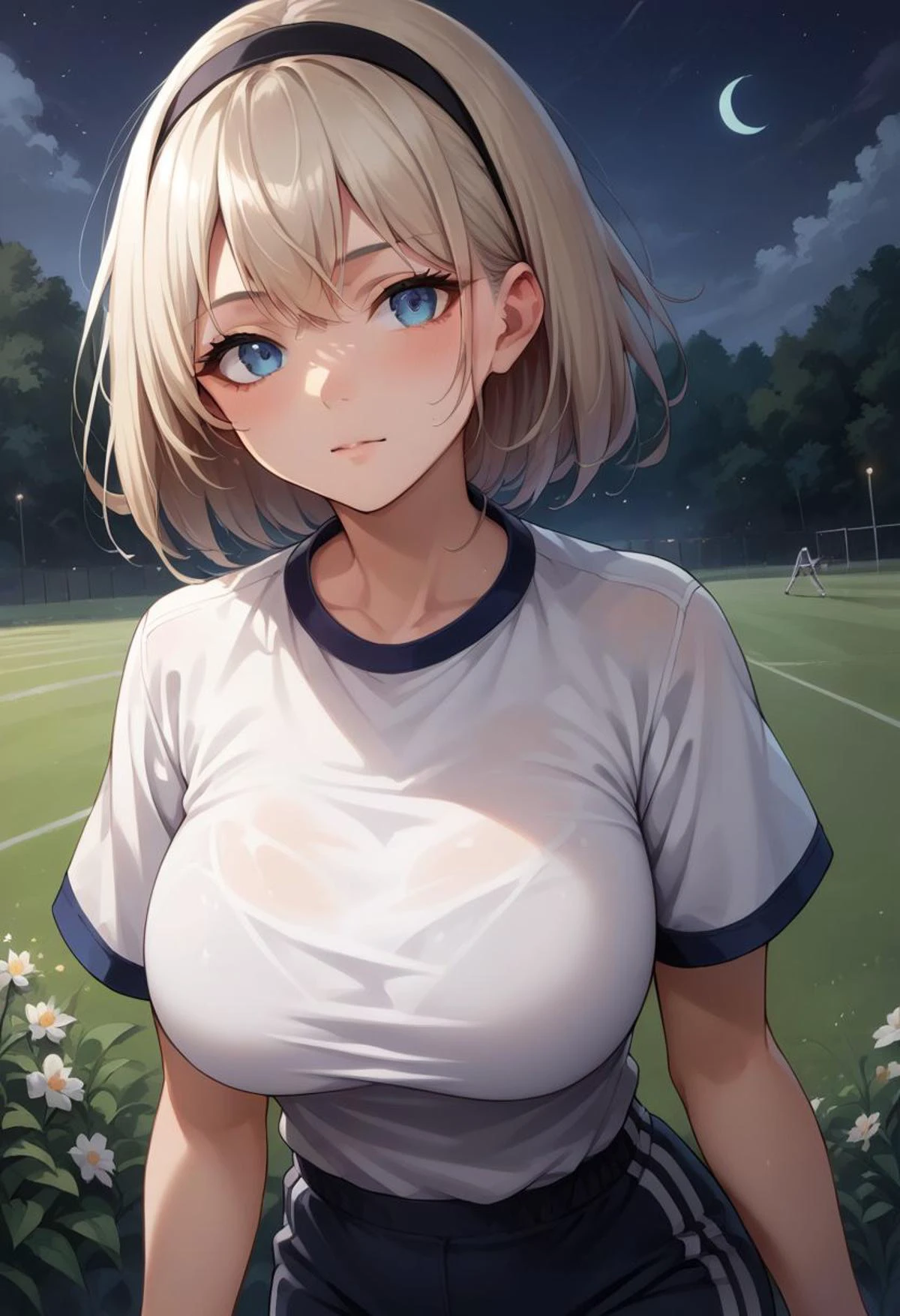 score_9, score_8_up, score_7_up, score_6_up, source_anime, solo, 2b, black_hairband, blue eyes, jyojifuku, white shirt, short sleeves, shorts, gym uniform, big breasts, upper body, night sky, field, night, looking at you, Betterthic