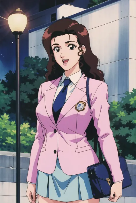 masterpiece,best quality,highres,<lora:Inoue Ayako:0.6>,Inoue Ayako,1990s \(style\),retro artstyle,1girl,solo,black eyes,brown long hair,cowboy shot,smile,open mouth,night,city,White blouse,light blue tie,(light blue blazer),(light blue A-line skirt),white socks,school emblem embroidery,looking ahead,