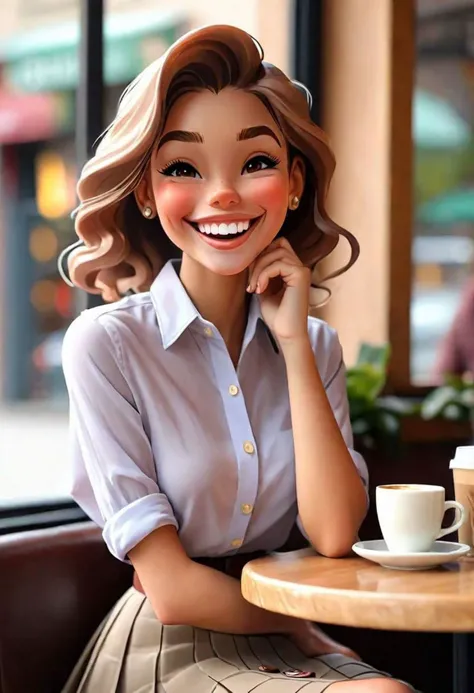 1girl, sitting in a coffee shop, big smile, coffee cup in hand, skirt, button up shirt