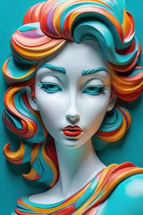 Close-up of the face of a plaster woman statue, abstract painting of colorful enamel paint, strong and bright colors, dreamlike, surrealism, smooth turquoise blue color background, intricate details, 3D rendering, octane rendering.