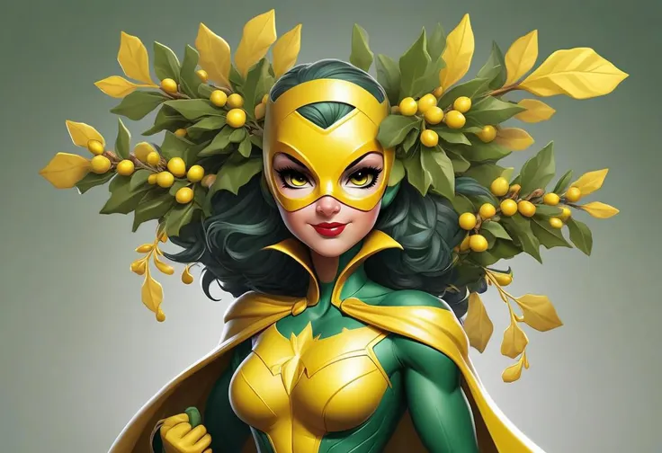 Design a striking image of your team mascot in a superhero costume, embodying the spirit of the Mistletoe Mercenaries. The artwork should prominently showcase the team color yellow, incorporating dynamic poses, intricate details, and vibrant yellow hues. Bring to life the superhero persona of the Mistletoe Mercenaries in a realistic and captivating illustration that radiates power and holiday flair.