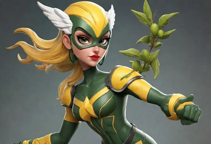 Create a realistic superhero version of your Yellow Team mascot, the Mistletoe Mercenaries. Emphasize the team color in the hero's costume and overall design.