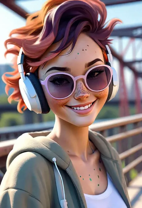 1girl, close up face, very messy short hair, freckles across bridge of nose and cheekbones, huge flirty smile, sunglasses with colored lenses, big chunky headphones