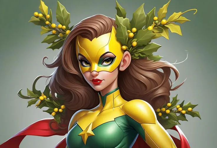 Design a striking image of your team mascot in a superhero costume, embodying the spirit of the Mistletoe Mercenaries. The artwork should prominently showcase the team color yellow, incorporating dynamic poses, intricate details, and vibrant yellow hues. Bring to life the superhero persona of the Mistletoe Mercenaries in a realistic and captivating illustration that radiates power and holiday flair.