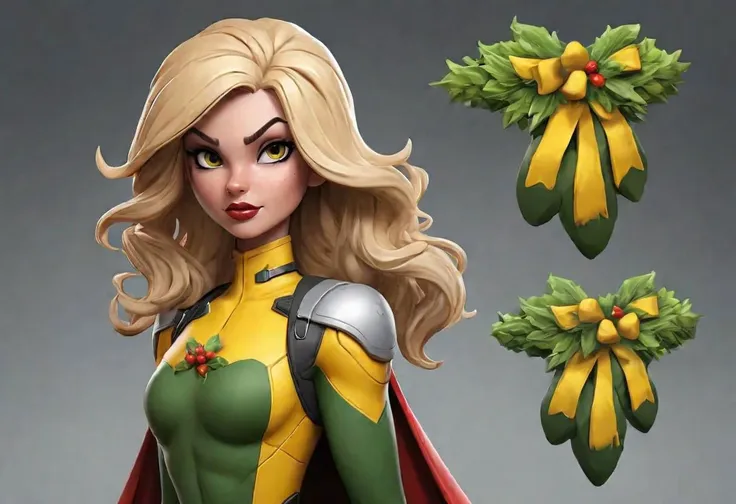 Create a realistic superhero version of your Yellow Team mascot, the Mistletoe Mercenaries. Emphasize the team color in the hero's costume and overall design.