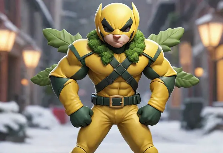 Create a realistic superhero version of your Yellow Team mascot, the Mistletoe Mercenaries. Emphasize the team color in the hero's costume and overall design.