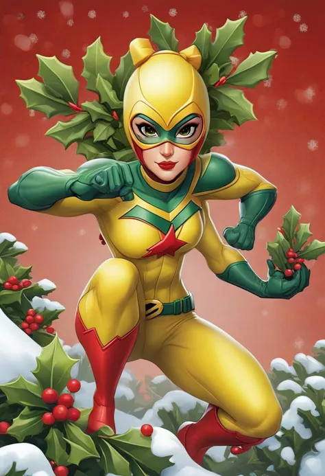 Design a striking image of your team mascot in a superhero costume, embodying the spirit of the Mistletoe Mercenaries. The artwork should prominently showcase the team color yellow, incorporating dynamic poses, intricate details, and vibrant yellow hues. Bring to life the superhero persona of the Mistletoe Mercenaries in a realistic and captivating illustration that radiates power and holiday flair.