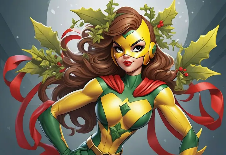 Design a striking image of your team mascot in a superhero costume, embodying the spirit of the Mistletoe Mercenaries. The artwork should prominently showcase the team color yellow, incorporating dynamic poses, intricate details, and vibrant yellow hues. Bring to life the superhero persona of the Mistletoe Mercenaries in a realistic and captivating illustration that radiates power and holiday flair.