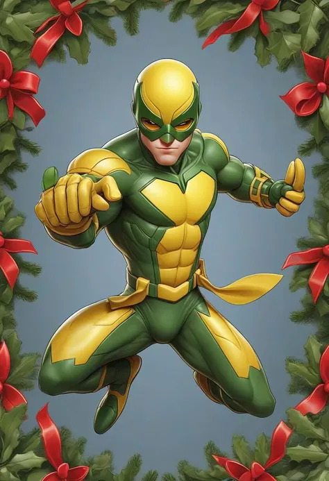 Design a striking image of your team mascot in a superhero costume, embodying the spirit of the Mistletoe Mercenaries. The artwork should prominently showcase the team color yellow, incorporating dynamic poses, intricate details, and vibrant yellow hues. Bring to life the superhero persona of the Mistletoe Mercenaries in a realistic and captivating illustration that radiates power and holiday flair.