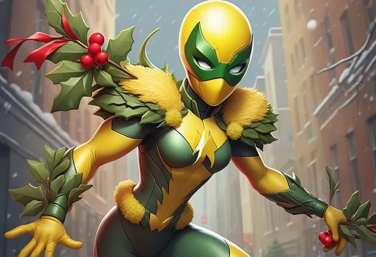 Design a striking image of your team mascot in a superhero costume, embodying the spirit of the Mistletoe Mercenaries. The artwork should prominently showcase the team color yellow, incorporating dynamic poses, intricate details, and vibrant yellow hues. Bring to life the superhero persona of the Mistletoe Mercenaries in a realistic and captivating illustration that radiates power and holiday flair.