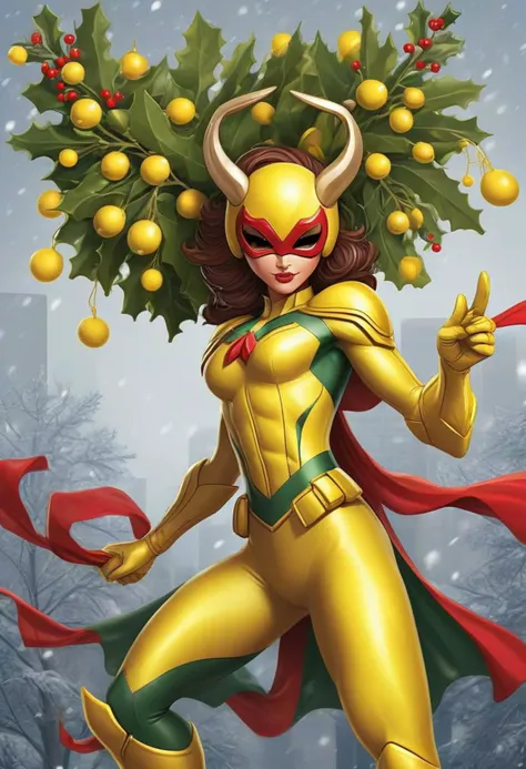 Design a striking image of your team mascot in a superhero costume, embodying the spirit of the Mistletoe Mercenaries. The artwork should prominently showcase the team color yellow, incorporating dynamic poses, intricate details, and vibrant yellow hues. Bring to life the superhero persona of the Mistletoe Mercenaries in a realistic and captivating illustration that radiates power and holiday flair.