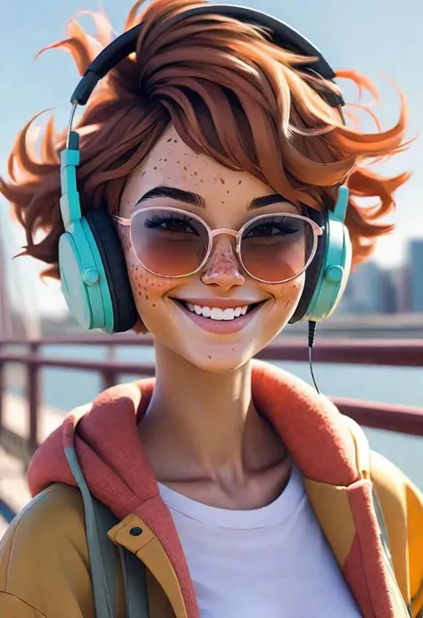 1girl, close up face, very messy short hair, freckles across bridge of nose and cheekbones, huge flirty smile, sunglasses with colored lenses, big chunky headphones