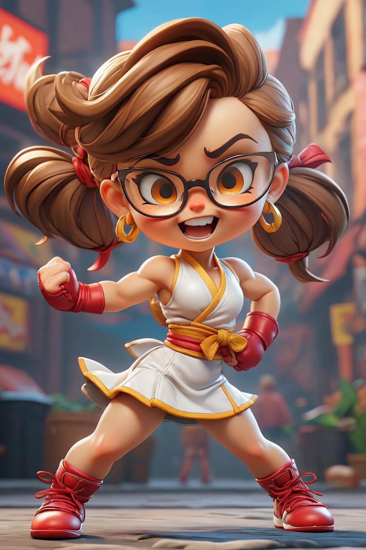 Street Fighter style 3d Full body chibi adorable TIN, happy face cheer up, wear glasses
cute girl, charming cartoon character, photorealistic technique, mass surrealism, ultra hd, realistic, vivid colors, highly detailed, UHD drawing, pen and ink, perfect composition, beautiful detailed intricate insanely detailed octane render trending on artstation, 8k artistic photography, photorealistic concept art, soft natural volumetric cinematic perfect light . Vibrant, dynamic, arcade, 2D fighting game, highly detailed, reminiscent of Street Fighter series