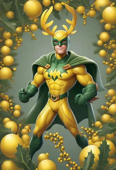 Design a striking image of your team mascot in a superhero costume, embodying the spirit of the Mistletoe Mercenaries. The artwork should prominently showcase the team color yellow, incorporating dynamic poses, intricate details, and vibrant yellow hues. Bring to life the superhero persona of the Mistletoe Mercenaries in a realistic and captivating illustration that radiates power and holiday flair.