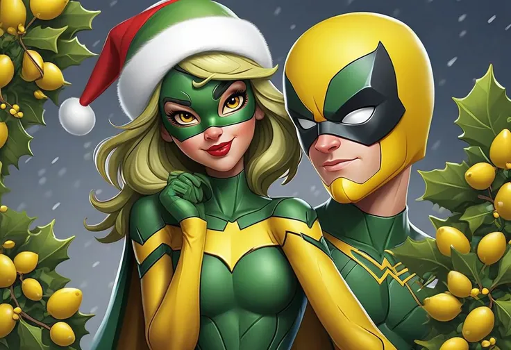 Design a striking image of your team mascot in a superhero costume, embodying the spirit of the Mistletoe Mercenaries. The artwork should prominently showcase the team color yellow, incorporating dynamic poses, intricate details, and vibrant yellow hues. Bring to life the superhero persona of the Mistletoe Mercenaries in a realistic and captivating illustration that radiates power and holiday flair.