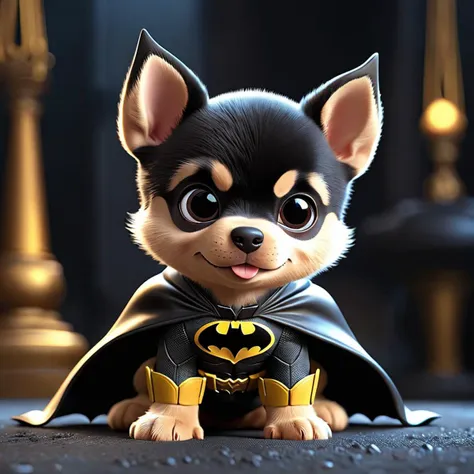 A picture of an adorable puppy in a Batman costume,on a dark background,cute,fluffy,digital graphics,fantasy,perfect composition,octane rendering,masterpiece,sharp focus,high detail,perfect composition,an example of ultra-high quality and clarity,perfect play of light and shadow,32k UHD,hyper-detailing,hyper-realistic,complex artistic masterpiece,