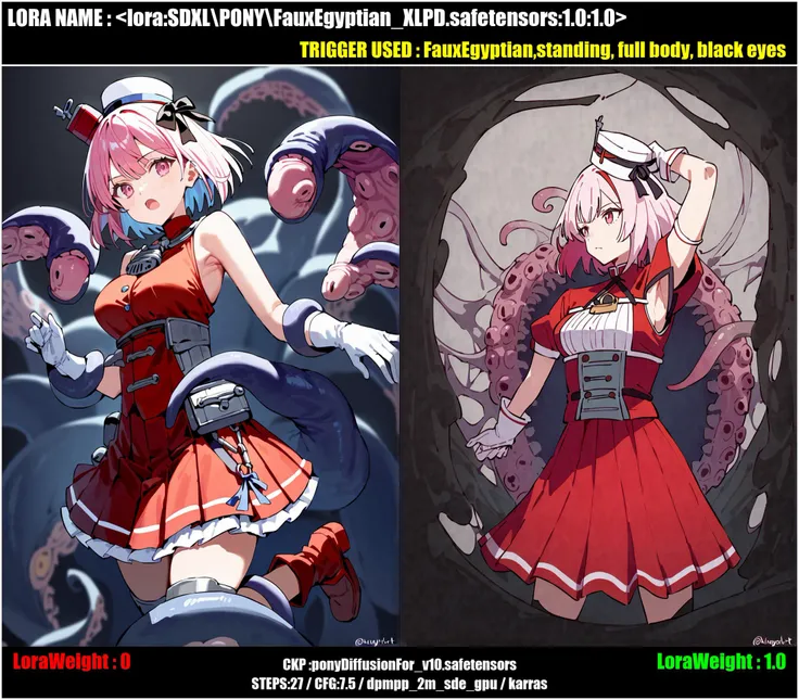 (score_9,score_8_up,score_7_up),FauxEgyptian,standing, full body, black eyeshurt, fetal position, Cthulhu's Lair, eerie, cursed, ancient, terrifying, tentacles, eldritch horrors, misty, giuseppe garibaldi \(kancolle\), white gloves, upper body, mini hat, shirt, red footwear, clothing cutout, black ribbon, ribbon, armpits, pink eyes, hat, medium breasts, white headwear, breasts, pink hair, large breasts, twitter username, red shirt, multicolored hair, bangs, short sleeves, armpit cutout, cowboy shot, skirt, short hair, alternate costume, boots, pleated skirt, gloves, red skirt,1girl,