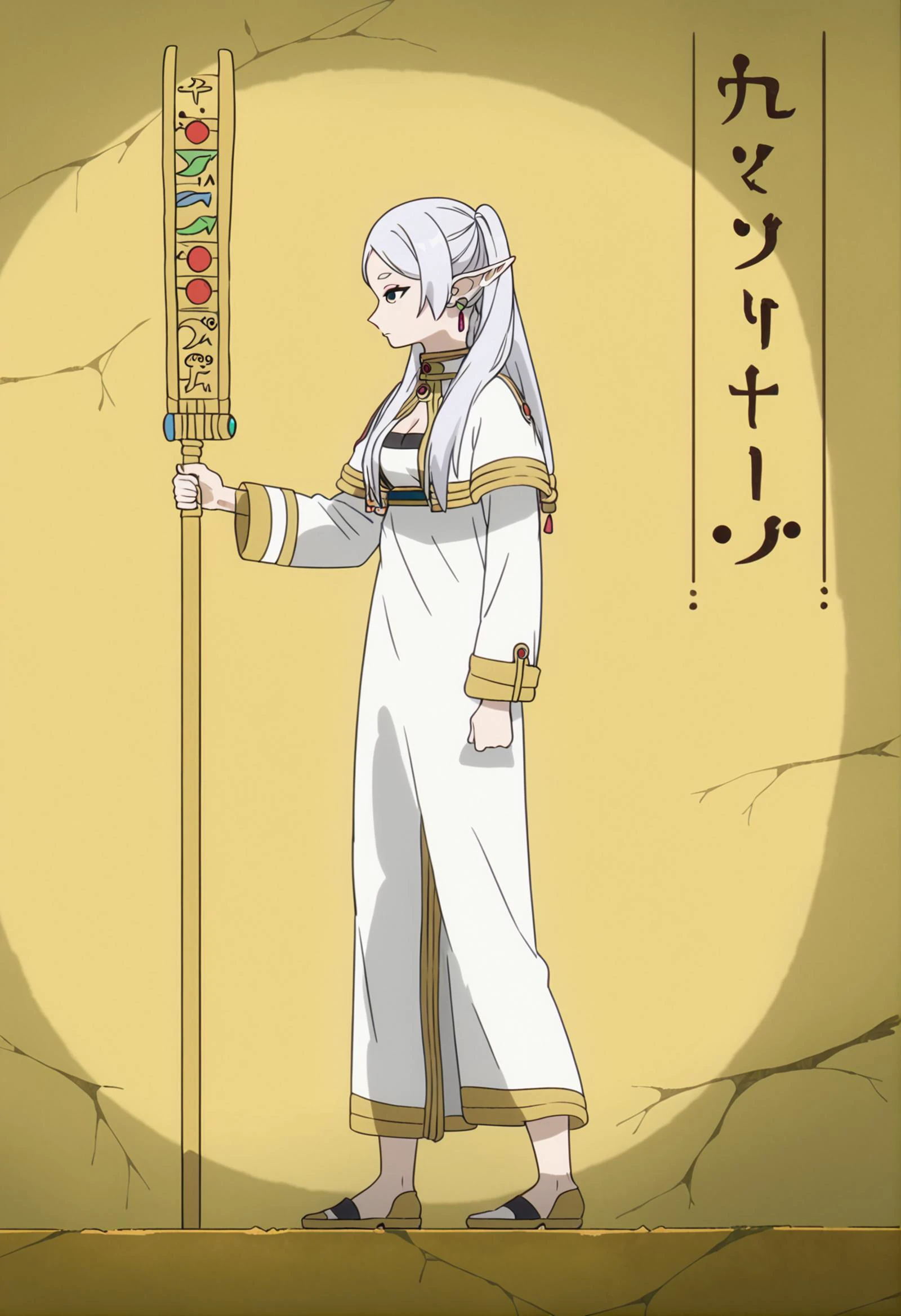 FauxEgyptian, standing, full body, black eyes, score 9, score 8 up, score 7 up, score 6 up, score 5 up, score 4 up, <lora:FauxEgyptian_XLPD:0.8>, FauxEgyptian, standing, full body, black eyes,
, 1girl, solo, bangs, long hair , long sleeves, shirt, cleavage, elf, <lora:sfrieren_ponyxl_1:0.7>,sfrieren, profile, stripped shirt,