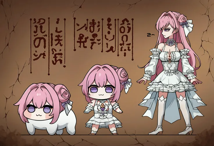 score_9, score_8_up, score_7_up, source_anime, crack, old, dusty, FauxEgyptian, text, 3girls,
BREAK score_9, score_8_up, score_7_up, source_anime, FauxEgyptian,
BREAK :3, doro, creature, ;3, chibi, (pink hair, purple eyes, hair bun, hair bow:1.2), white skin, solid circle eyes, no pupils, four legs, all fours, no humans,
BREAK :3, (doro:1.2), creature, ;3, (pink hair, purple eyes, hair bun, hair bow:1.2), solid circle eyes, no pupils, (chibi:1.2), white dress, smile, solo, no humans, four legs, white skin
BREAK 1girl, standing, full body, dorothydef, long hair, pink hair, purple eyes, hair bun, hair bow, white dress, cleavage, thighs, skirt, frilled choker, frills, detached sleeves, puffy sleeves, white thighhighs, high heels, white footwear, long sleeves, looking to the side, solo, confused, question mark,
<lora:FauxEgyptian_XLPD:1.1> <lora:Doro_X_PDXL_V1:1><lora:dorothy-nikke-richy-v1_pdxl:1>