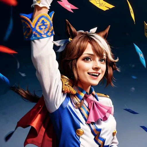 masterpiece, best quality,
tokai teio \(umamusume\),
from above, pointing up, looking up, smile, open mouth,
confetti, 
hair ribbon, pink ribbon, single epaulette, pink ascot, red capelet, long sleeves, asymmetrical gloves, mismatched gloves, white glove, blue glove, multicolored clothes, two-tone jacket, white jacket, blue jacket, shirt, buttons, double-breasted, white skirt, pleated skirt, two-tone skirt, miniskirt, white footwear, knee boots, 
 <lora:tokai_teio_loha-000010:0.8>