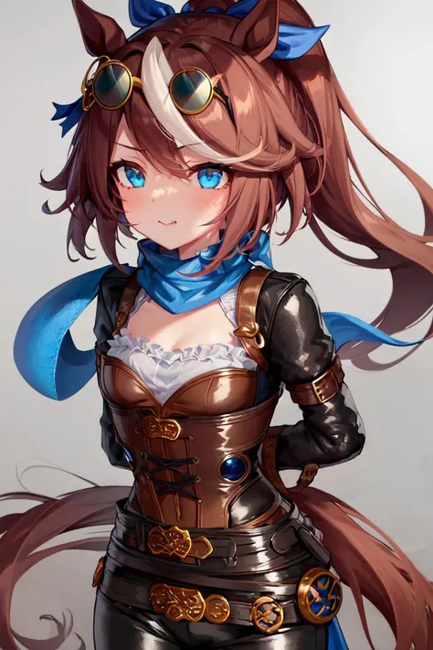 masterpiece, best quality,
tokai teio \(umamusume\),
arms behind back,
official alternate costume, steampunk, hair ribbon, blue ribbon, eyewear on head, goggles on head, sunglasses, long sleeves, fingerless gloves, black gloves, asymmetrical gloves, blue scarf, black jacket, corset, belt, black pants,
<lora:tokai_teio_loha:0.8>
