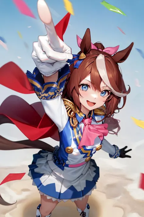 masterpiece, best quality,
tokai teio \(umamusume\),
from above, pointing up, looking up, smile, open mouth,
confetti,
hair ribbon, pink ribbon, single epaulette, pink ascot, red capelet, long sleeves, asymmetrical gloves, mismatched gloves, white glove, blue glove, multicolored clothes, two-tone jacket, white jacket, blue jacket, shirt, buttons, double-breasted, white skirt, pleated skirt, two-tone skirt, miniskirt, white footwear, knee boots,
<lora:tokai_teio_loha:0.8>