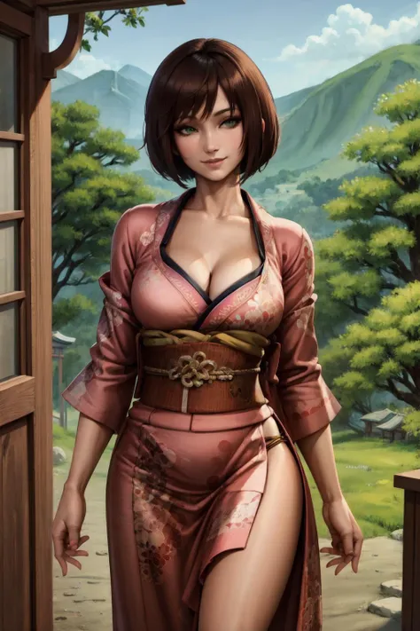 (8k, best quality, masterpiece:1.2), (finely detailed),sunshangxiang, 1girl, solo,cowboy shot, brown hair, short hair,green eyes, looking at viewer, medium breasts,japanese forest, shrine, (pink kimono), cleavage,side slit, swept bangs, bob cut,outdoors, walking, light smile