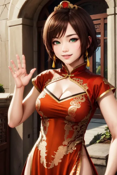(8k, best quality, masterpiece:1.2), (finely detailed),anime coloring,sunshangxiang, 1girl,solo,(upper body:1.2), brown hair, (red china dress),swept bangs, cleavage cutout, short hair, cleavage, green eyes, smile, medium breasts, ancient china, building, square, stone road, yellow tassel earrings, red mini crown,waving,arm at side, side slit