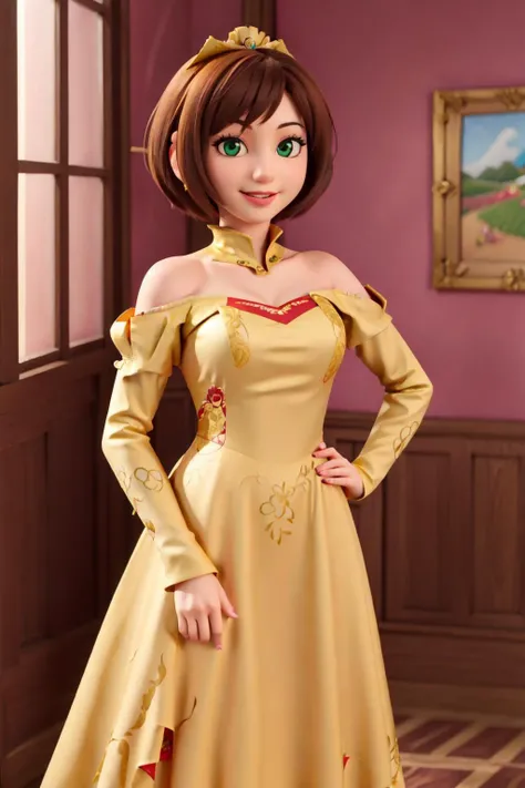 (8k, best quality, masterpiece:1.2), (finely detailed),sunshangxiang, 1girl,solo,cowboy shot, brown hair, short hair, swept bangs, (very long off-shoulder yellow dress), smile, medium breasts, indoors, castle, ballroom, parted lips,pink lips,green eyes,(victorian dress), long sleeves,strapless