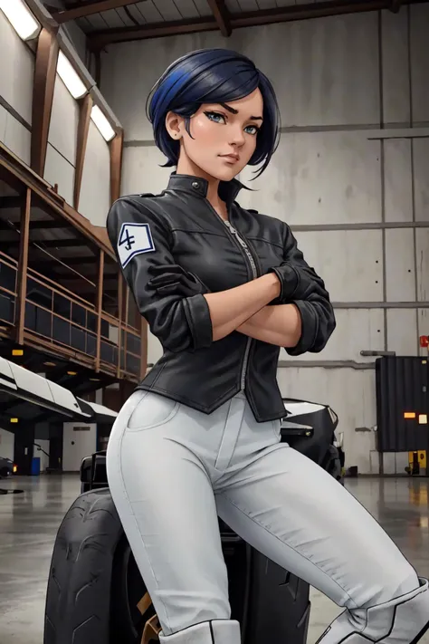 1girl,((solo)),(k4r3nh41r),(coral colored hair),femaleguarduniform,rolling sleeves up,black jacket,leather,leather jacket,zipper,armband,gloves,black gloves,pants,white pants,boots,knee boots,high heels,high heel boots,black footwear,pants tucked in,holster,cowboy shot,crossed arms,((in futuristic hangar)), <lora:PD_Female_Guard_Uniform_V1.0:0.55> ,<lora:k4r3nh41r-v2:1>