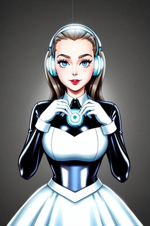 professional detailed photo of (latex 50s stepford housewife fembot) being (brainwashed by mind control forehead chip), (latex 50s stepford housewife dress:1), (high heels:1), (empty eyes:1), expressionless, creepy smile, (Brainwashing), (Mind Control), (Brainwashing forehead chip),